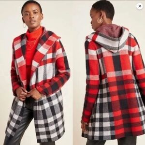Anthropologie Field Flower Cressida Wool Sweater Jacket S Plaid Hood Fall Retro
